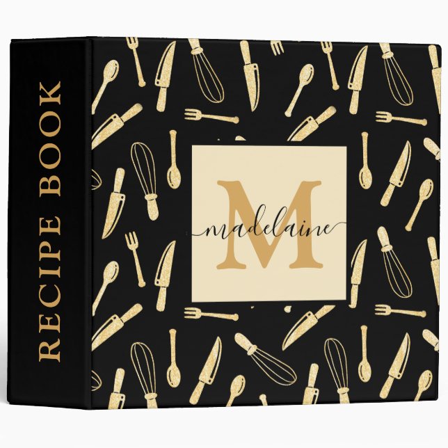 Elegant Black and Gold Kitchen Utensils Monogram 3 Ring Binder (Front/Spine)