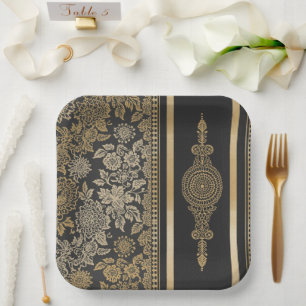 Elegant Black and Gold Lace Floral Wedding Paper Plates