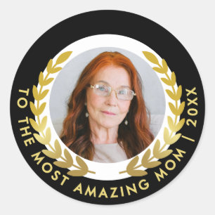 Elegant Black And Gold Laurel Wreath Tribute Photo Classic Round Sticker