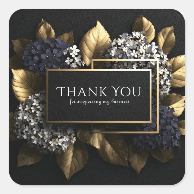 Elegant Black and Gold Leaf Blue Hydrangea Luxury Square Sticker (Front)