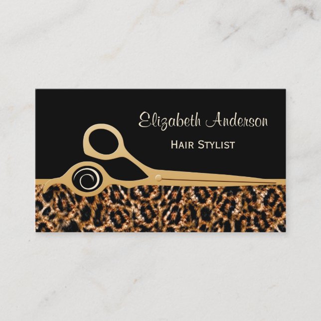Elegant Black and Gold Leopard Hair Salon Business Card (Front)