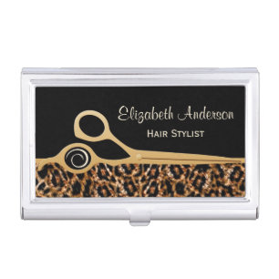 Elegant Black and Gold Leopard Hair Salon Business Card Holder