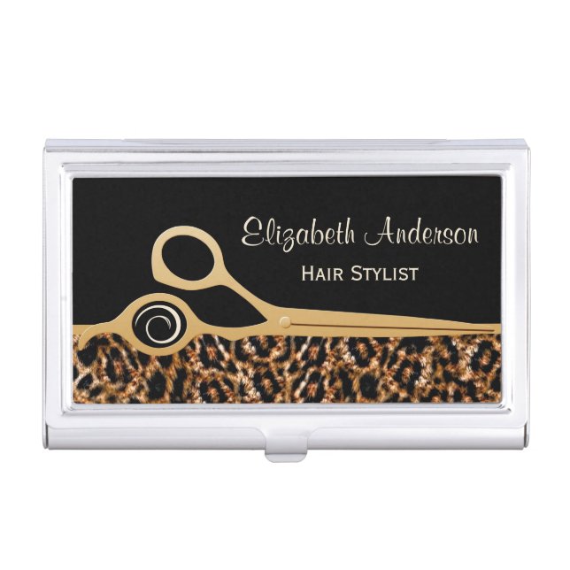 Elegant Black and Gold Leopard Hair Salon Business Card Holder (Front)
