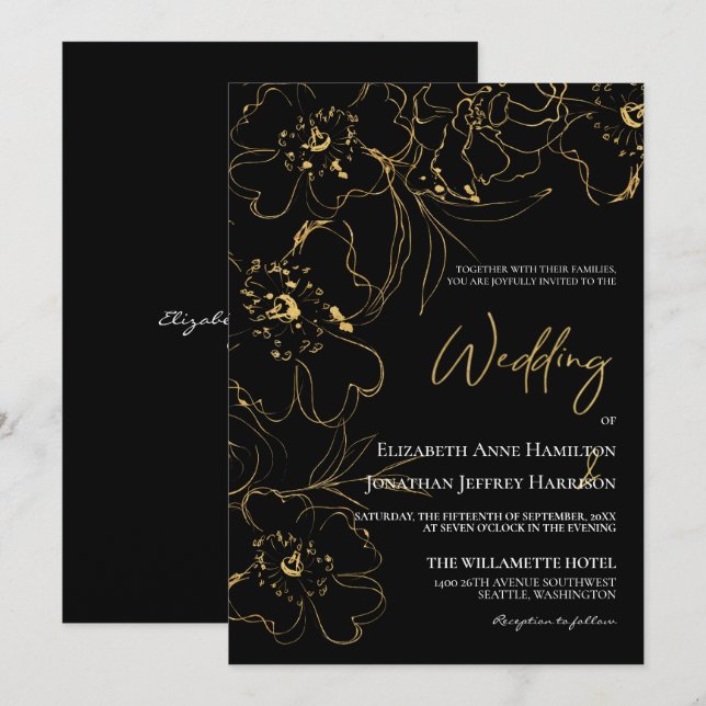 Elegant Black and Gold Line Art Floral Wedding Invitation (Front/Back)