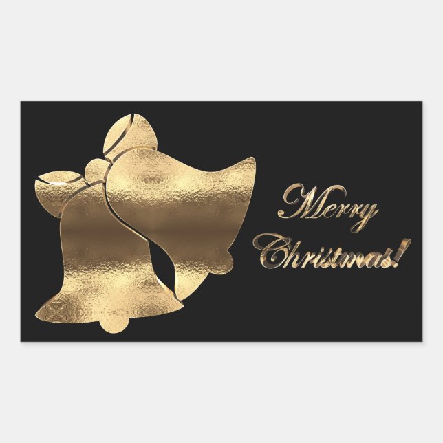 Elegant Black and Gold Look Christmas Bells Rectangular Sticker (Front)