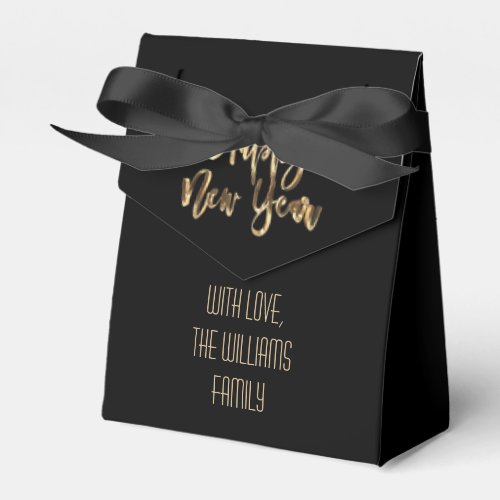 Elegant Black and Gold Look Script Happy New Year Favor Boxes