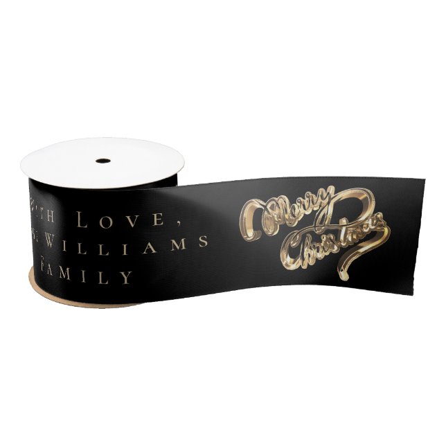 Elegant Black and Gold Look Script Merry Christmas Satin Ribbon (Spool)