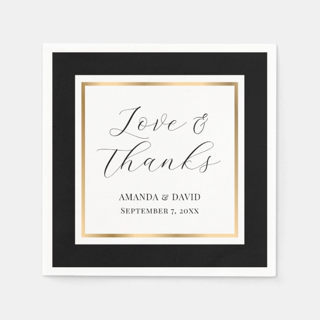 Elegant Black and Gold Love and Thanks Wedding Napkins (Front)