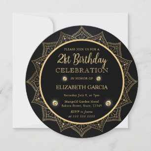 Elegant Black and Gold Mandala 21st Birthday Invitation