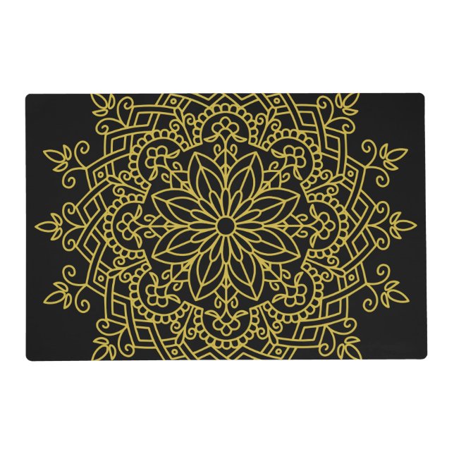Elegant Black And Gold Mandala Laminated Paper Placemat (Front)