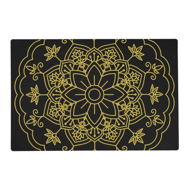 Elegant Black And Gold Mandala Laminated Paper Placemat (Front)