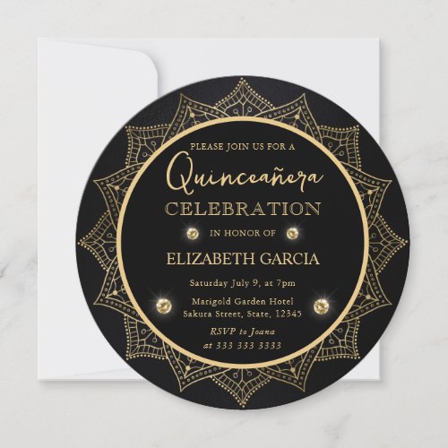 Elegant Black and Gold Mandala Quinceanera Invitation