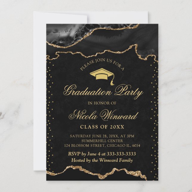 Elegant Black and Gold Marble Agate Graduation Invitation (Front)
