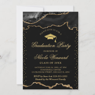 Elegant Black and Gold Marble Agate Graduation Invitation
