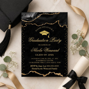 Elegant Black and Gold Marble Agate Graduation Invitation