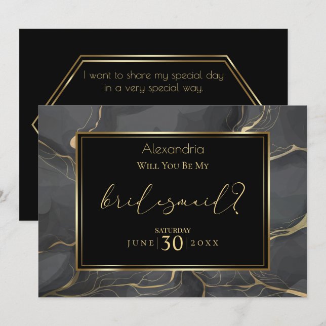 Elegant Black and Gold Marble Be My Bridesmaid Invitation (Front/Back)