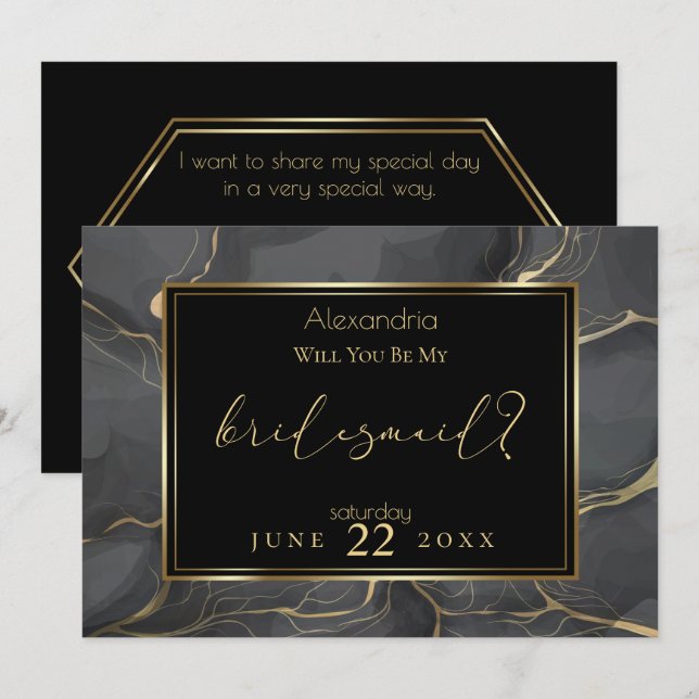 Elegant Black and Gold Marble Be My Bridesmaid Invitation (Front/Back)