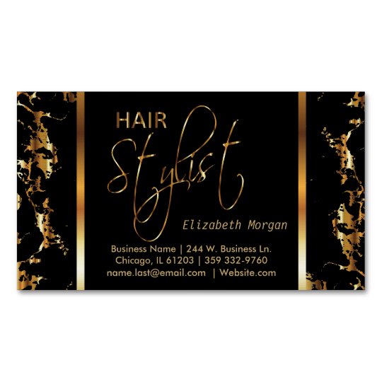 Elegant Black And Gold Marble Hair Stylist Business Card Magnet