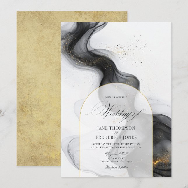 Elegant Black and Gold Marble Ink Wedding Invitation (Front/Back)