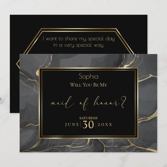 Elegant Black and Gold Marble  Maid of Honor Invitation (Front/Back)