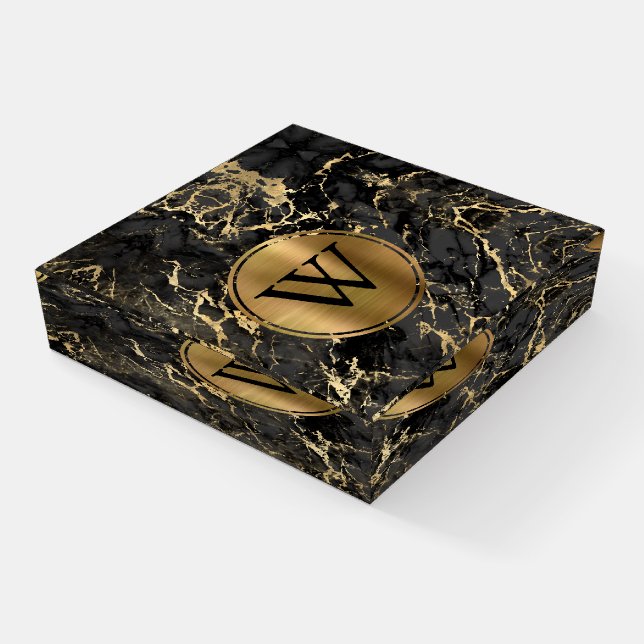 Elegant Black and Gold Marble Monogram Paperweight (Angled)