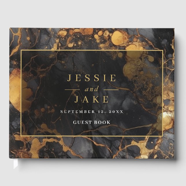 Elegant Black and Gold Marble Wedding Guest Book (Front)