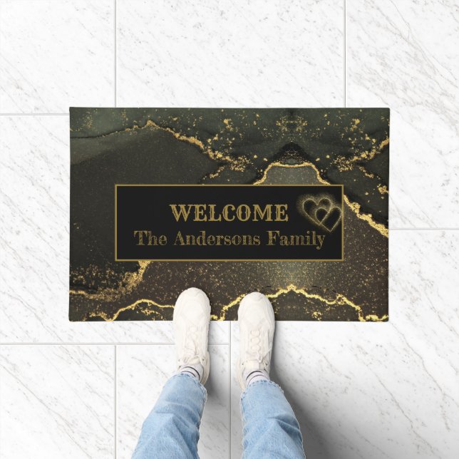Elegant Black and Gold Marbled Hearts Welcome Name Doormat (Indoor)
