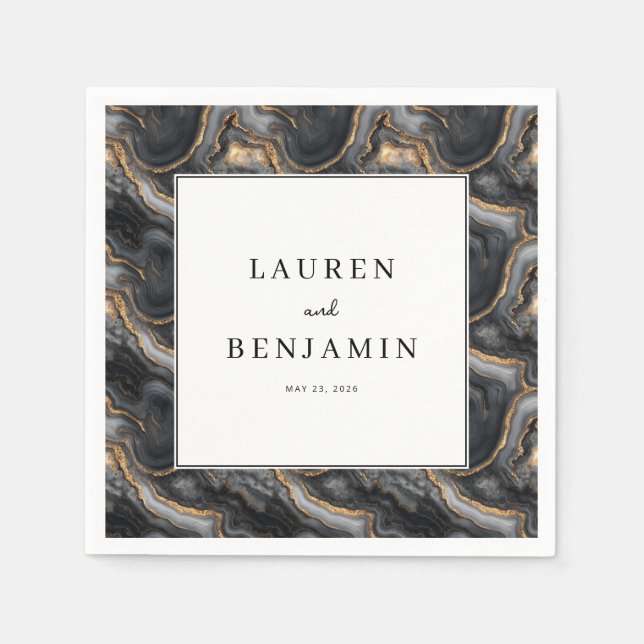 Elegant Black and Gold Marbled Napkins (Front)