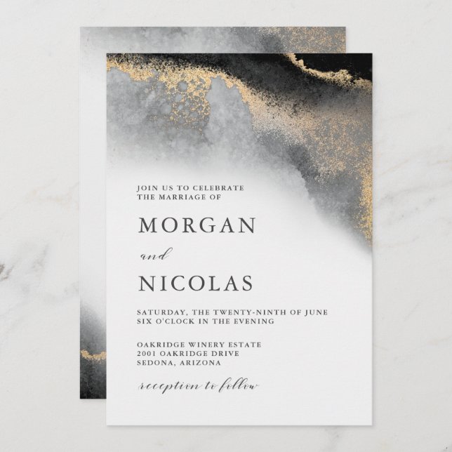 Elegant Black and Gold Marbled Opulence Wedding Invitation (Front/Back)