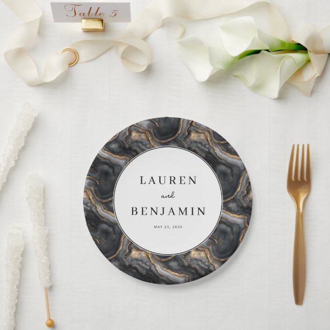 Elegant Black and Gold Marbled Paper Plates (Wedding)