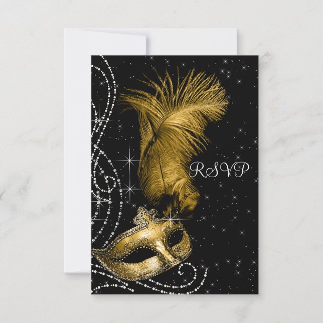 Elegant Black and Gold Masquerade Party RSVP (Front)