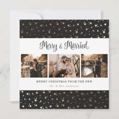 Elegant Black and Gold Merry and Married Christmas Holiday Card