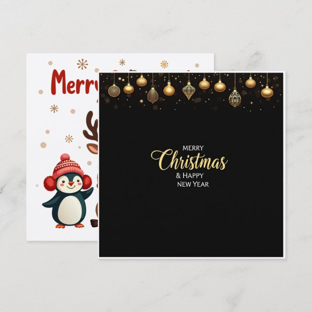 Elegant Black and Gold Merry Christmas & New Year  Holiday Card (Front/Back)