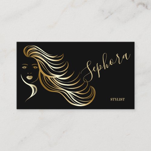 Elegant Black and Gold Metallic Foil Hair Stylist Business Card