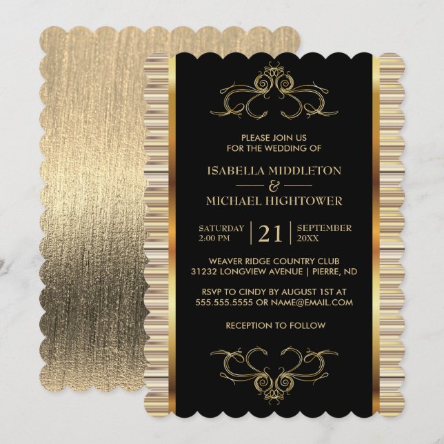 Elegant Black and Gold Metallic Wedding Invitation (Front/Back)