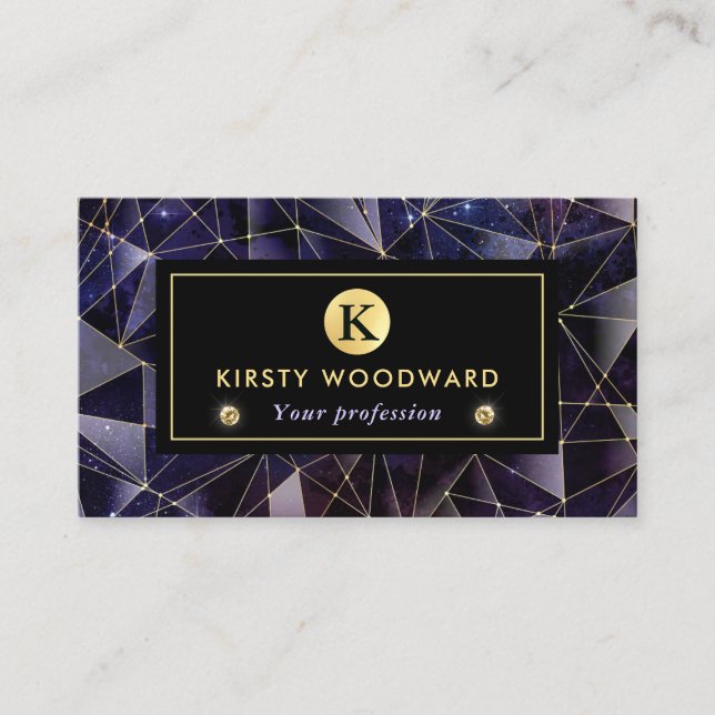 Elegant Black and Gold Midnight Crystal Galaxy Business Card (Front)