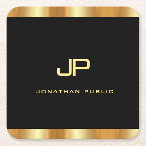 Elegant Black And Gold Modern Monogram Template Square Paper Coaster