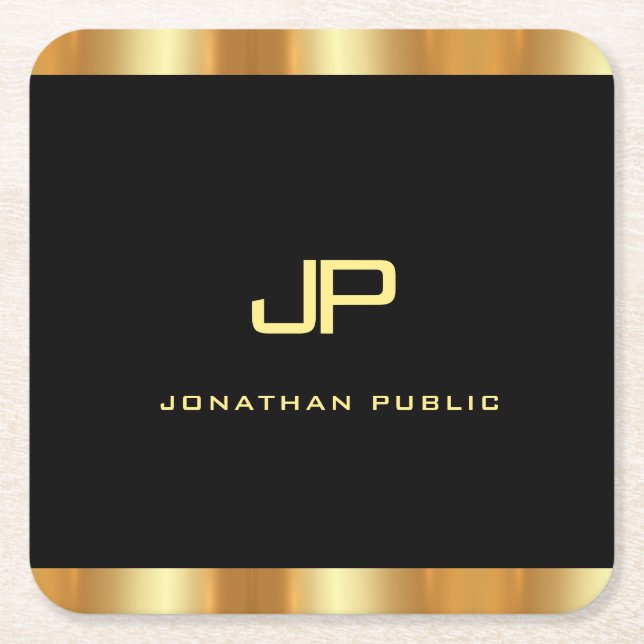 Elegant Black And Gold Modern Monogram Template Square Paper Coaster (Front)