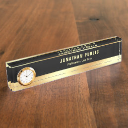 Elegant Black And Gold Modern Template With Clock Desk Name Plate