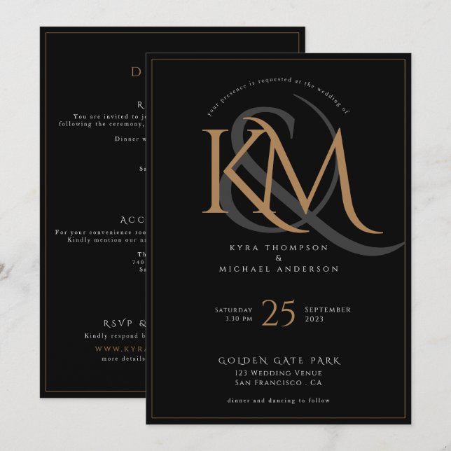 Elegant Black and Gold Monogram All In One Wedding Invitation (Front/Back)