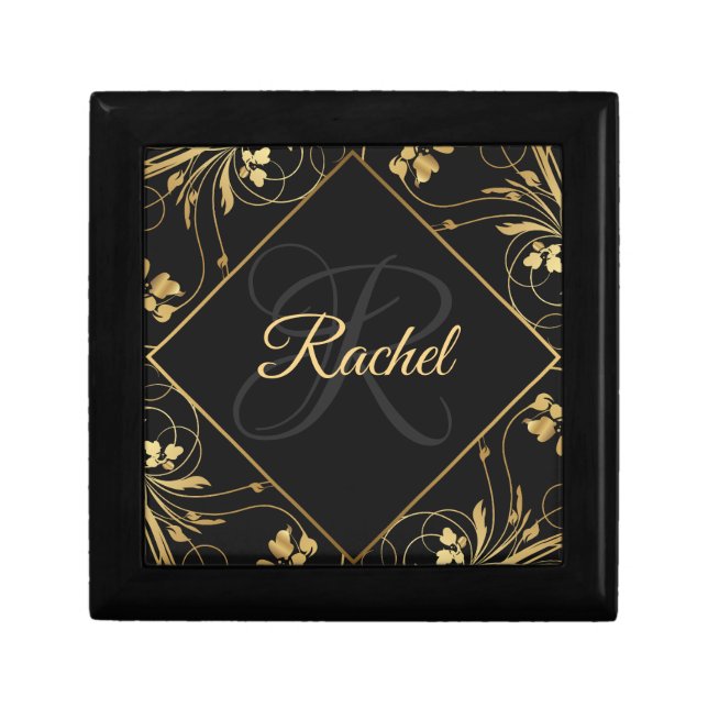 Elegant Black and Gold Monogram and Name Gift Box (Front)