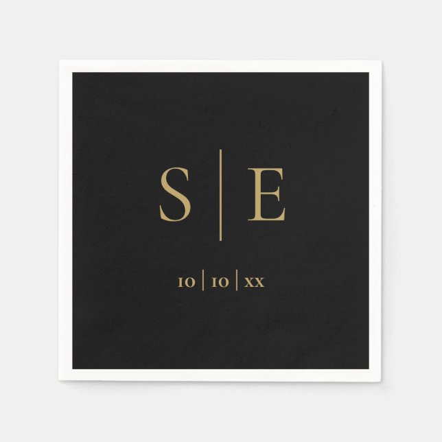 Elegant Black And Gold Monogram Date Minimalist Napkins (Front)