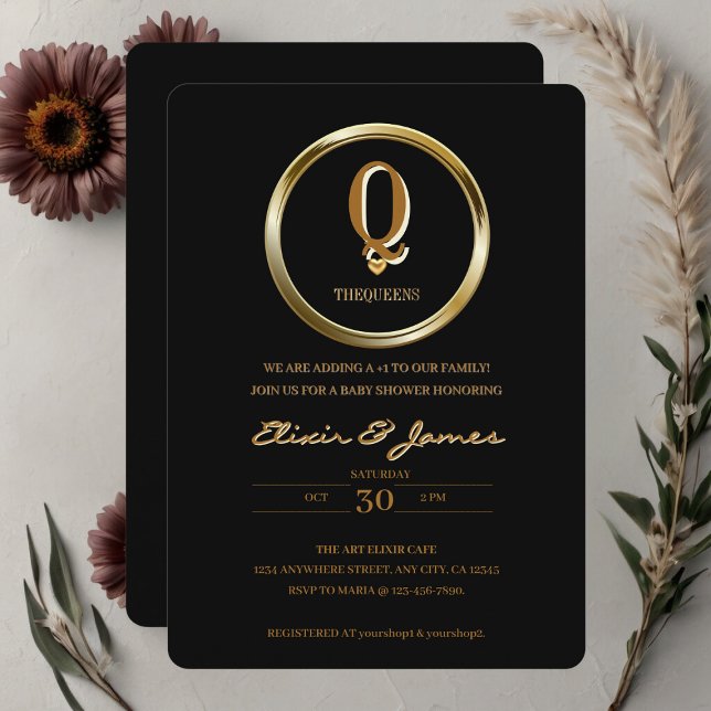 Elegant Black and Gold Monogram Family Baby Shower Invitation (Creator Uploaded)