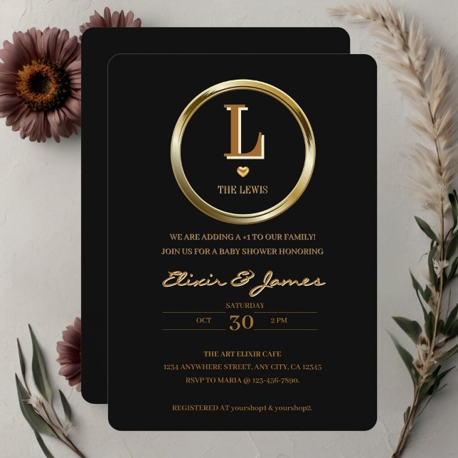 Elegant Black and Gold Monogram Family Baby Shower Invitation (Creator Uploaded)
