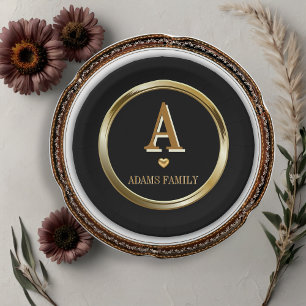 Elegant Black and Gold Monogram Family Baby Shower Paper Plates