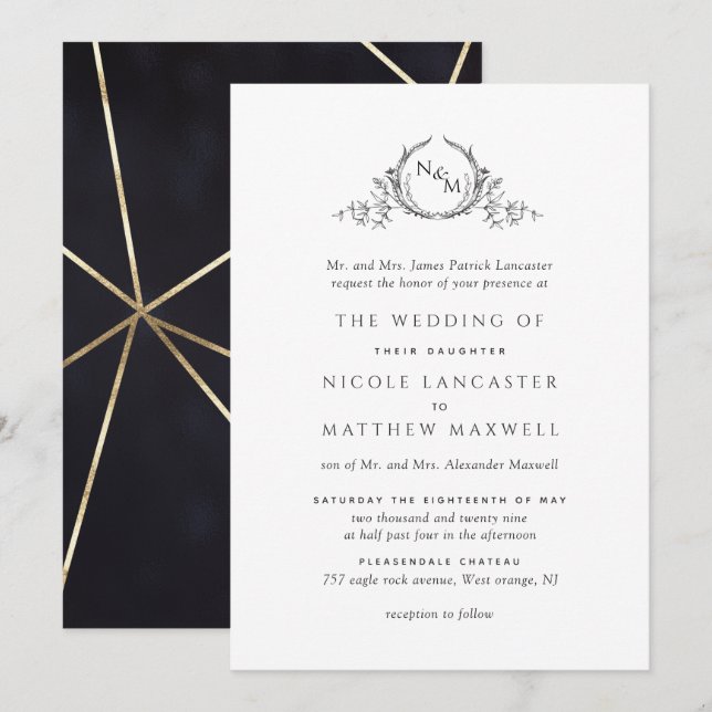 Elegant Black and Gold Monogram Formal Wedding Invitation (Front/Back)