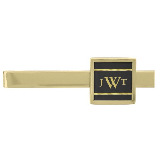 Elegant Black and Gold Monogram Gold Finish Tie Bar