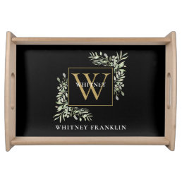 Elegant Black And Gold Monogram Greenery Serving Tray