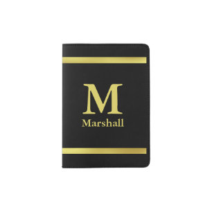 Elegant Black and Gold Monogram Initial and Name Passport Holder