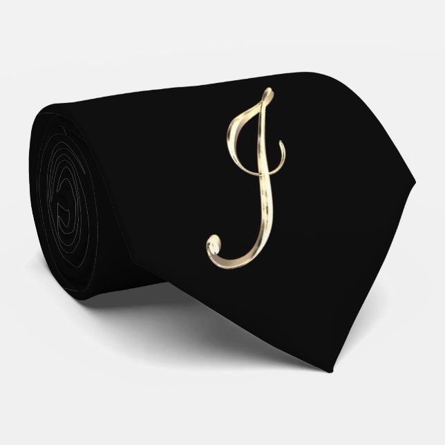Elegant Black and Gold Monogram J Stylish Neck Tie (Rolled)